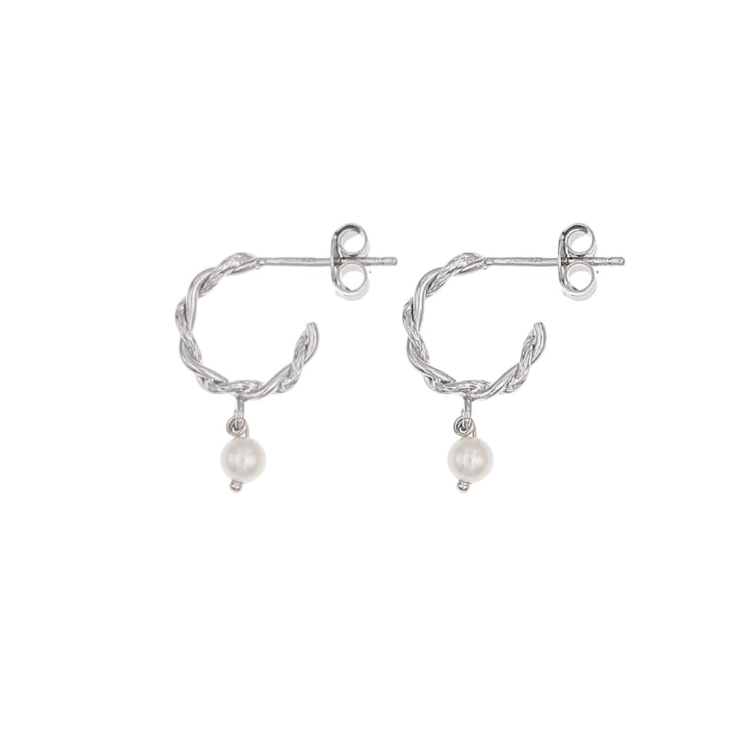 Twist Huggie Earrings with Pearls - Silver